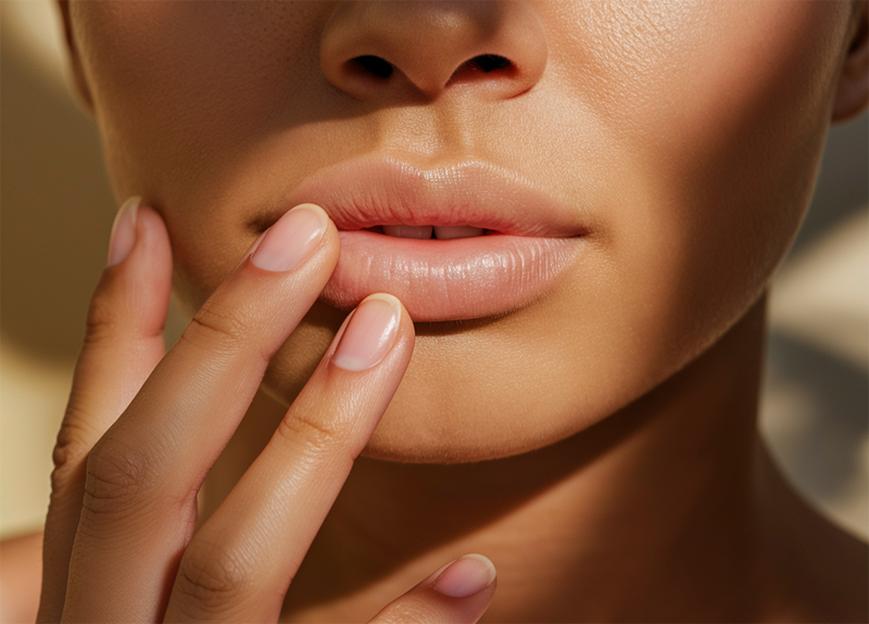 Woman massaging her lips after lip filler treatment at med spa